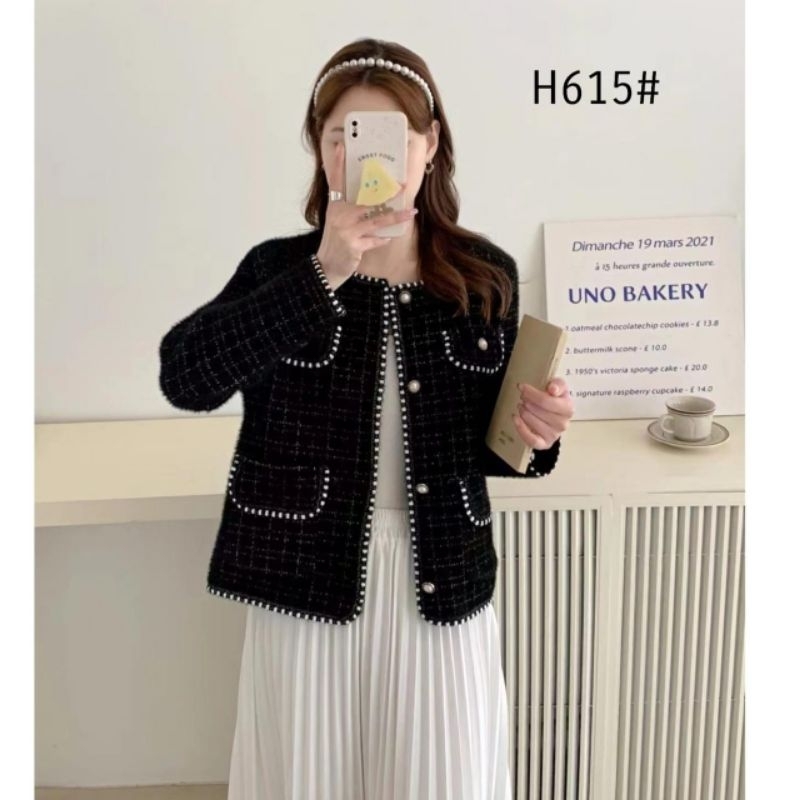 H615 Baju atasan outer luaran OLENA TWEED FUR CARDIGAN  hitam putih Korean style wanita premium impo