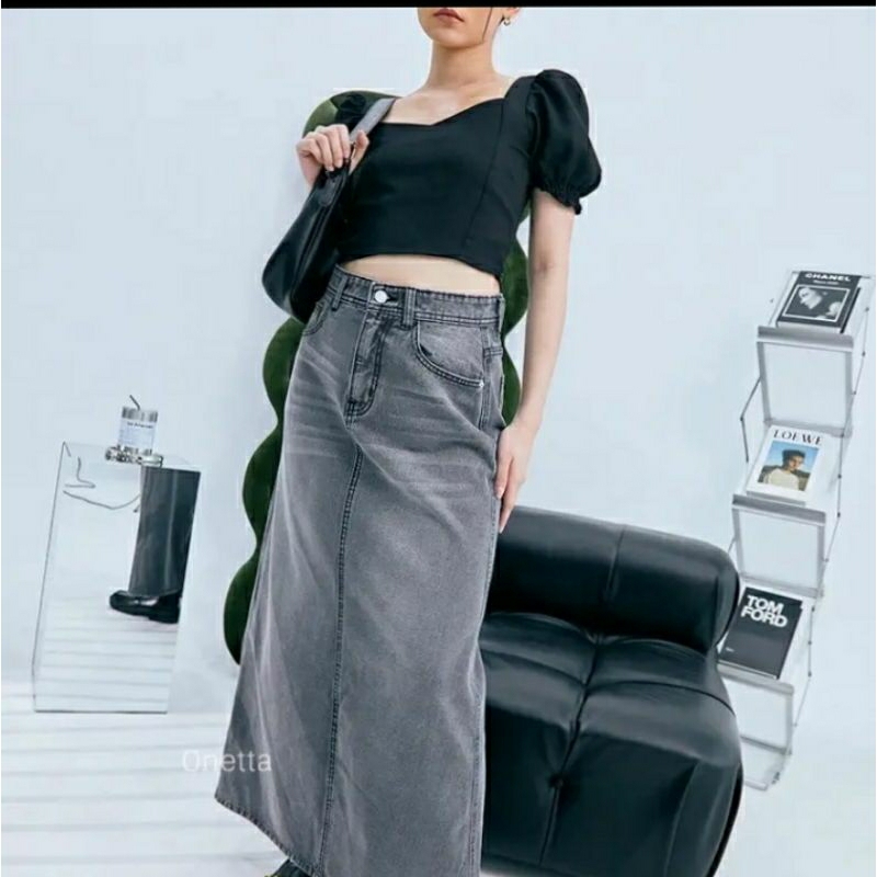 ROK JEANS ABU//ROK JEANS DEWASA/ROK JEANS PANJANG/ROK JEANS TERKINI/ROK JEANS WANITA/ROK JEANS POLOS