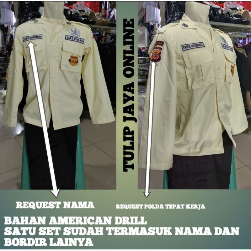 seragam pdl satpam krem terbaru 2024/seragam pdl bahan drill/seragam pdl +bordiran lengkap/baju aja 