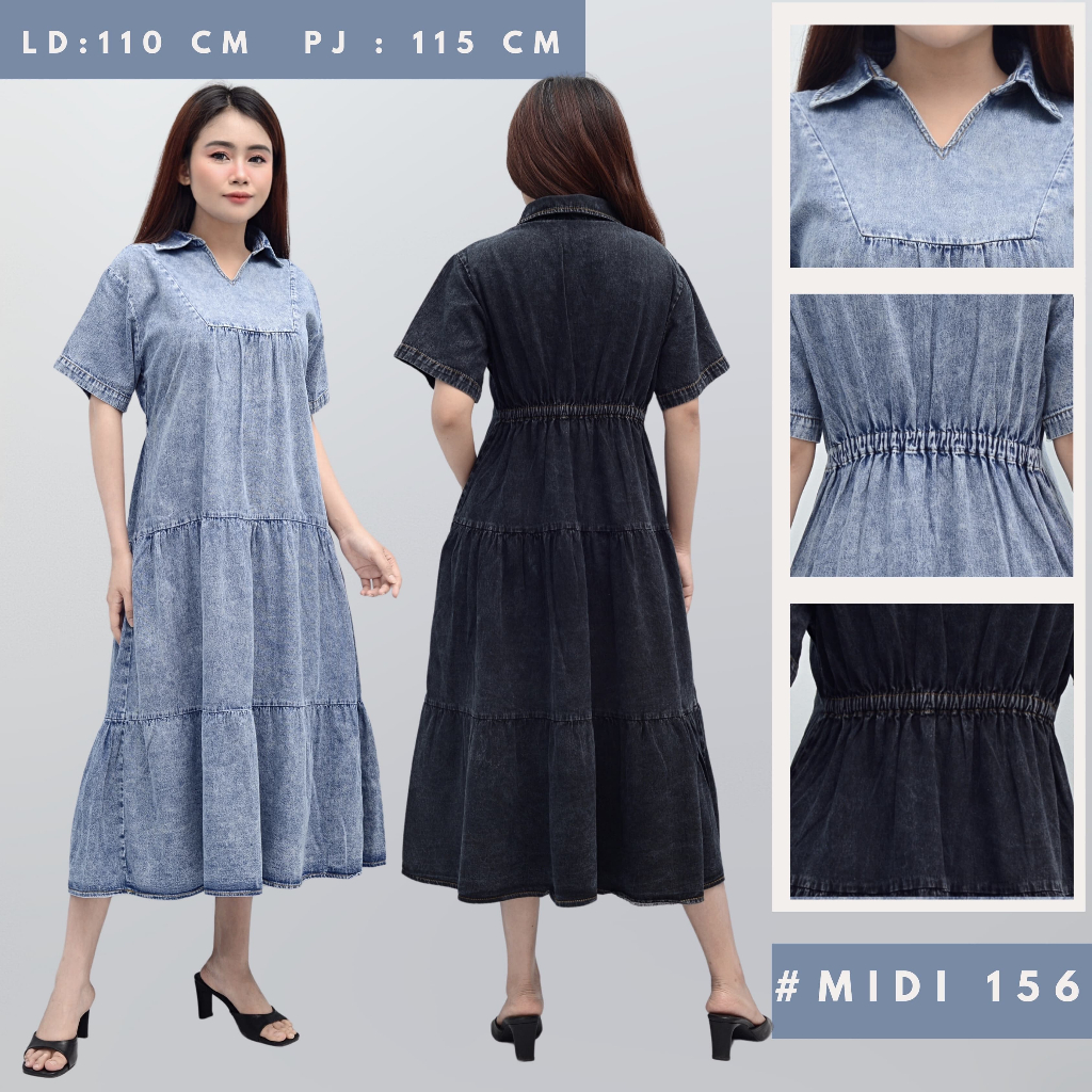 NEW MIDI DRES KRAH SHANGHAI  LENGAN PENDEK JEANS MIDI DRES POLOS