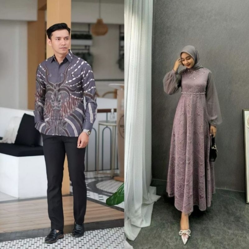 COD | Couple Batik Brokat | Sarimbit Gamis Brokat | Baju Muslim Wanita | Baju Batik Kebaya