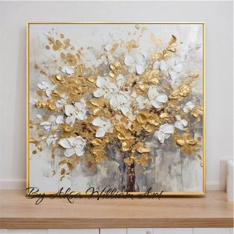 

lukisan bunga modern art painting gold