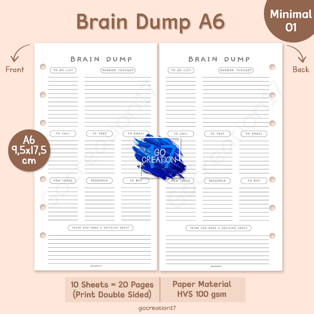 

Buku Planner Refill Kertas Isi Binder Brain Dump Simple Minimalis A6