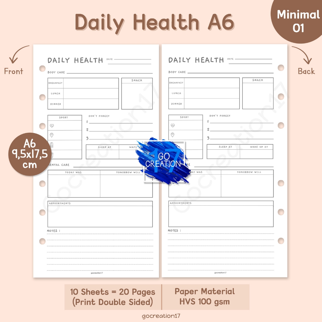 

Buku Planner Refill Kertas Isi Binder Daily Health Simple Minimalis A6