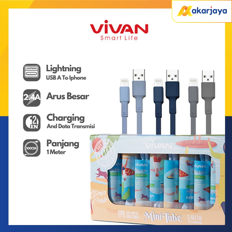 Kabel Data VIVAN Mini Tube CTL100 2.4 A / 1M For Iphone 5 / 6 / 7 / 8 / X