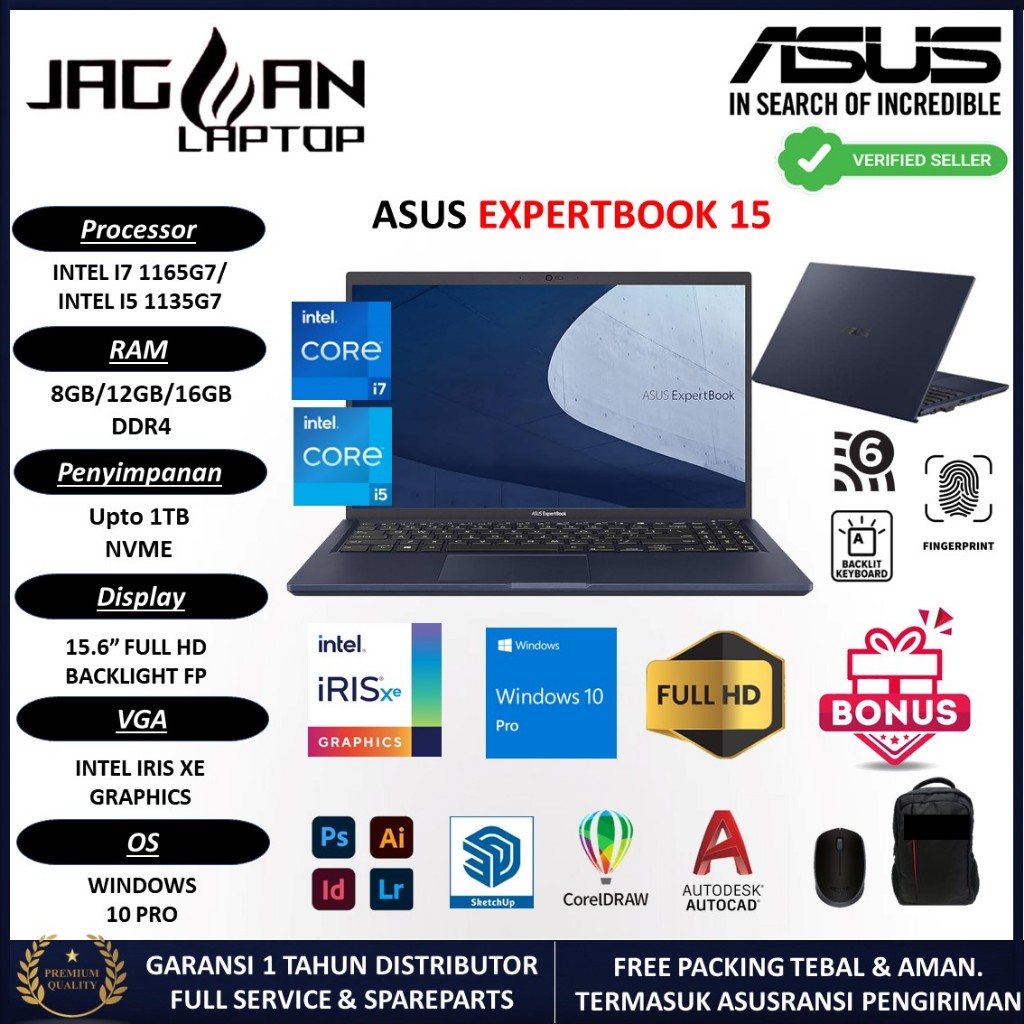 LAPTOP ASUS EXPERTBOOK 15 B1500CEAE INTEL I7 1165G7 16GB 1TB SSD FULL HD BL FP WIN 10 PRO