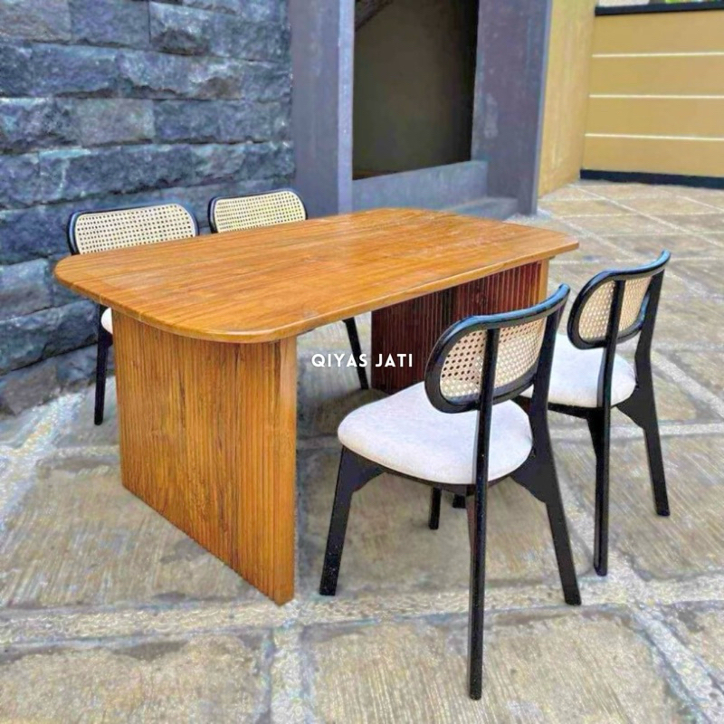 Set meja makan jati, Meja makan 4 kursi minimalis, Meja makan set 4 kursi jati rotan asli