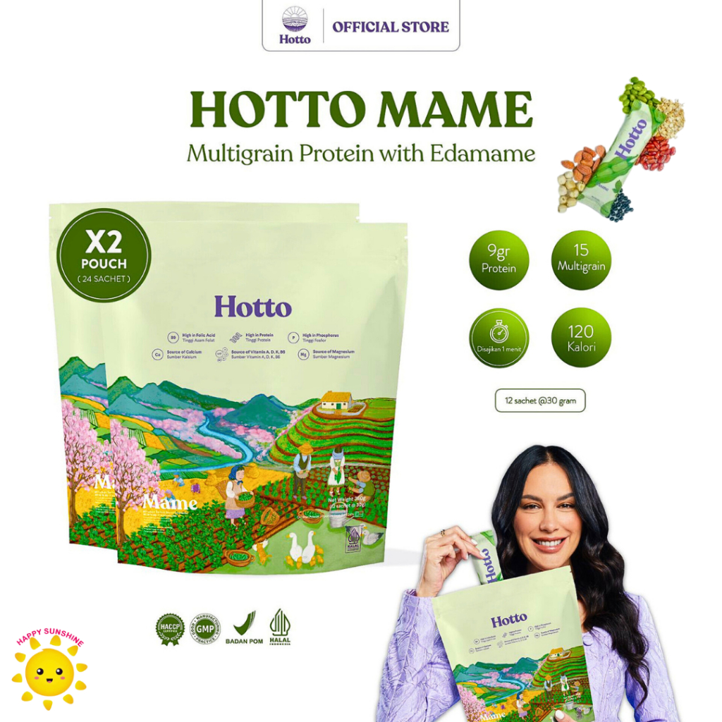 

HOTTO MAME Paket 2 Pouch / 24 Sachet Multigrain Protein with Edamame Isolate Whey Prebiotik Oat Beta Glucan Diet Sehat Sereal Kacang Kedelai Jepang Ubi Ungu Purple Potato Organik PURTO Malt Rendah Kalori BPOM HALAL