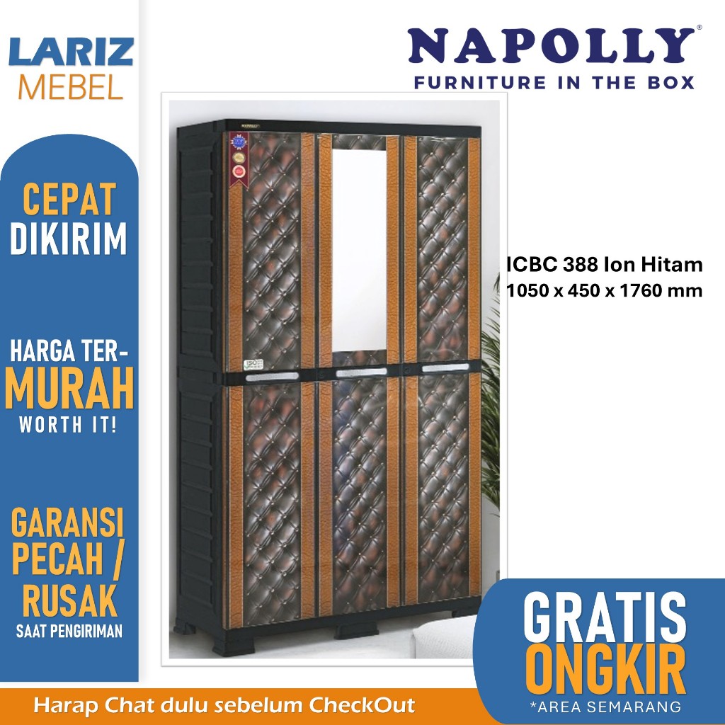 PROMO lemari plastik Napolly 3 pintu ICBC 388 rak gantung cermin Kunci Lariz Mebel Semarang
