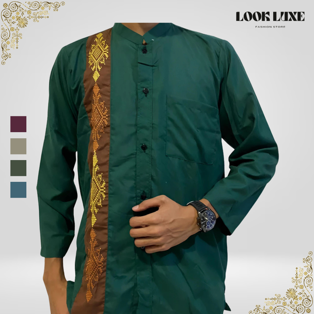 Baju Muslim Koko Pria Dewasa Aplikasi Lengan Panjang Bordir Bahan Premium Terlaris Lebaran 2024
