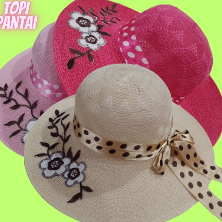 Hadir Terunik  Topi Pantai Topi Wanita Perempuan Dewasa Pita Polka Polkadot Vintage Bordir Bunga Any