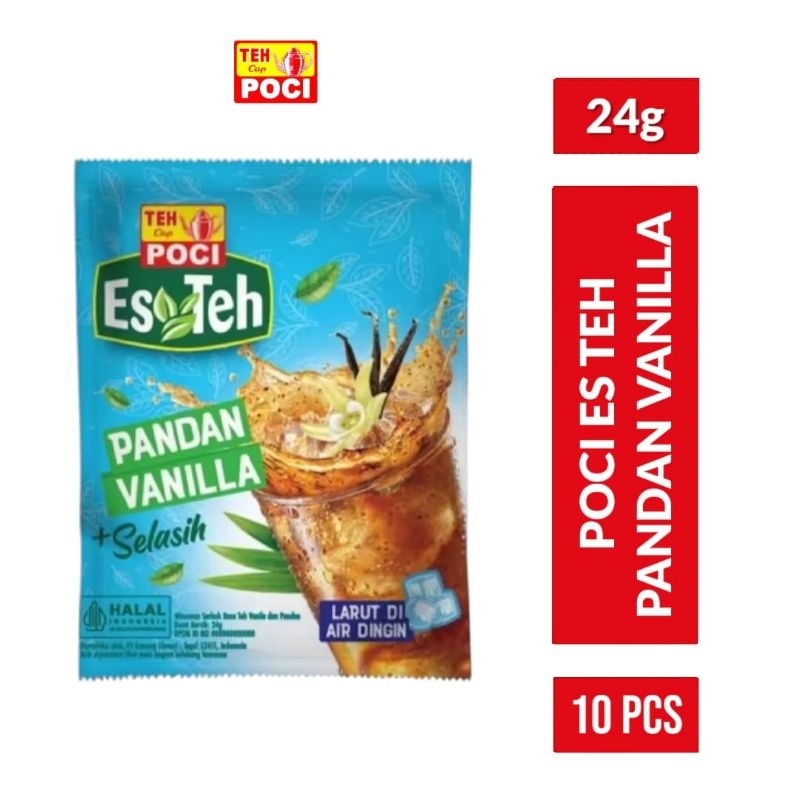 

POCI Es Teh Pandan Vanila + Selasih 10x24gr / Poci Es Teh Pandan Vanila + Selasih Renceng 10 pcs