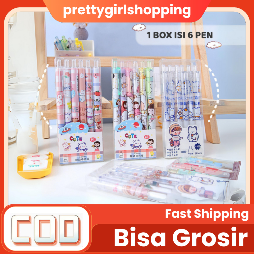 

Pretty 1 Pack Pen Gel Kartun Lucu Unik isi 6pcs