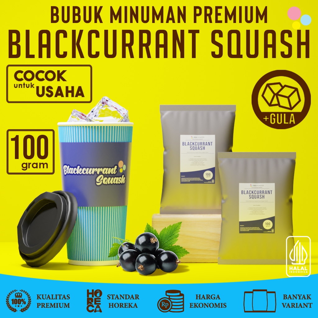 

Mix Powder Blackcurrant Squash Bubuk Minuman Rasa Buah Anggur Hitam Kemasan 100 Gram