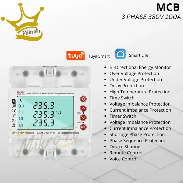 Smart Tuya MCB kWh Meter Watt Meter Digital WiFi 100A