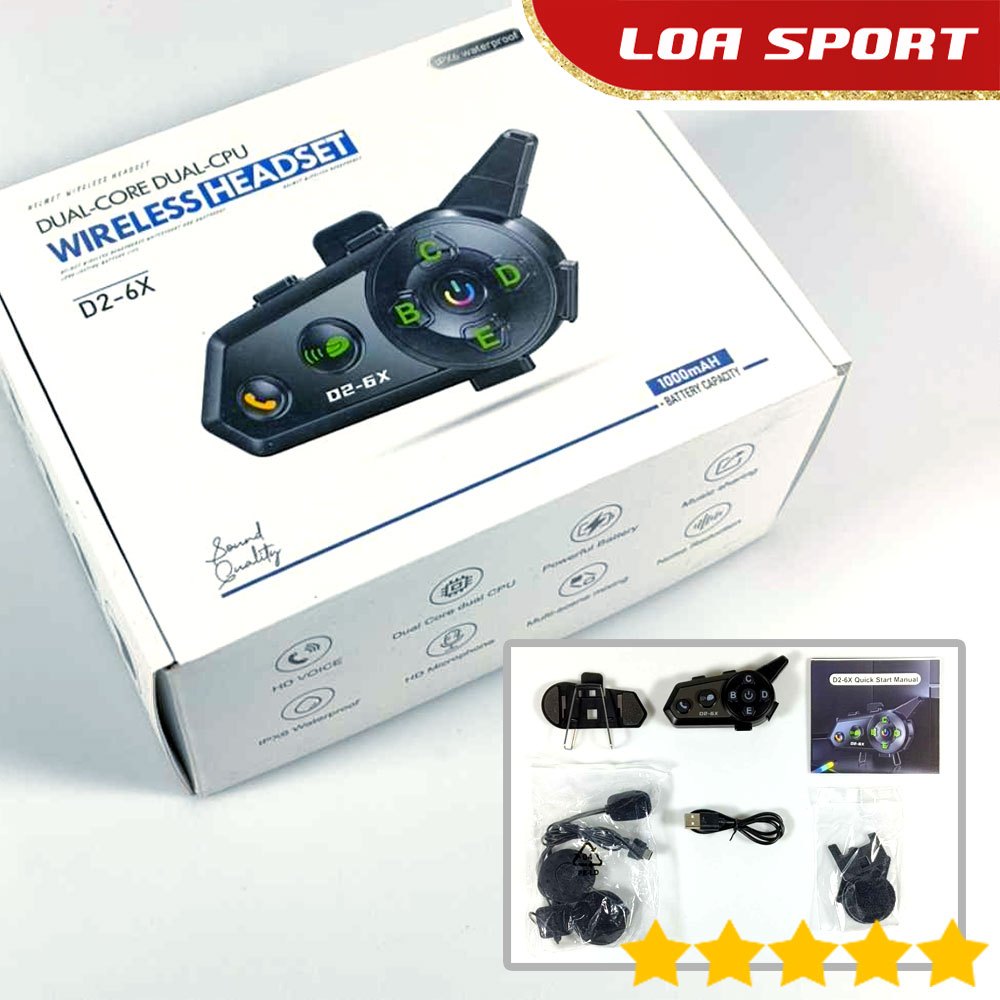 Intercom Helm Bluetooth 6 Pengendara 1000 M IPX6 1000mAh D2-6X