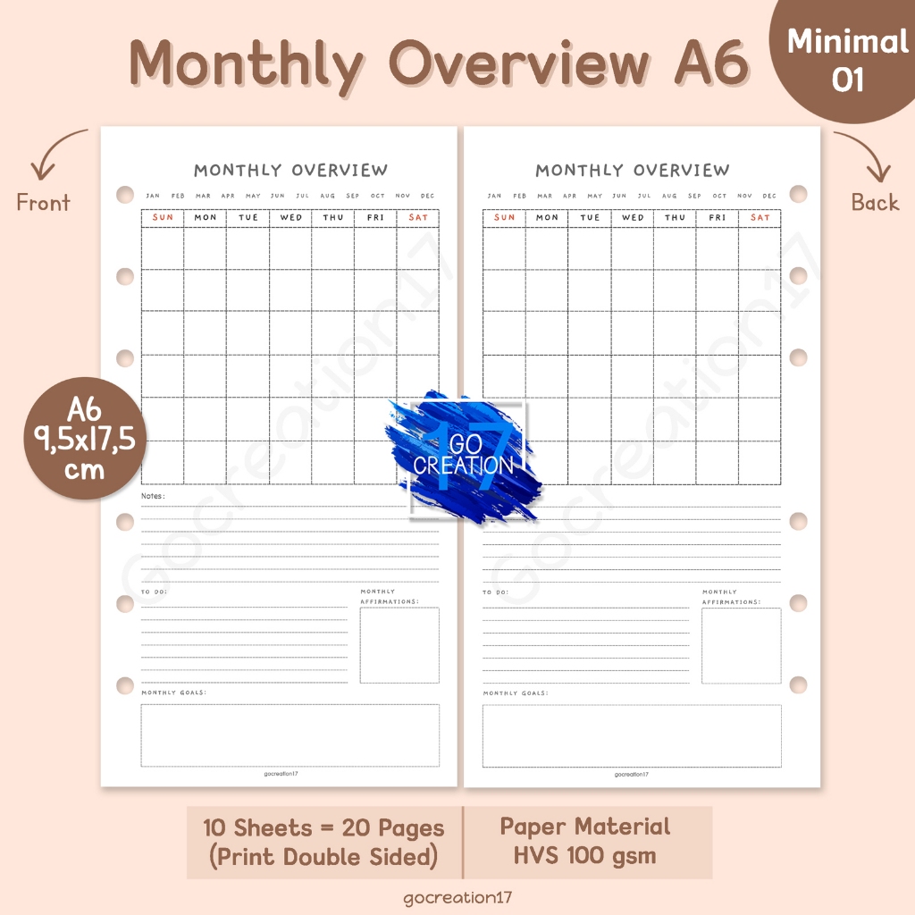 

Buku Planner Refill Kertas Isi Binder Monthly Overview Simple Minimalis A6
