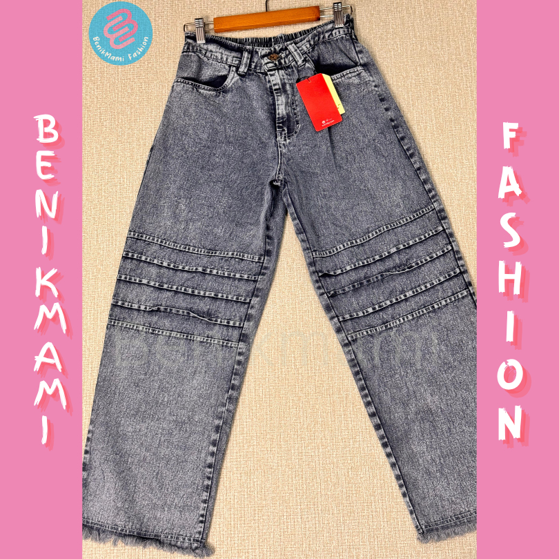 Celana Jeans Cln-118 Bawah Unfinish Aksen Jahitan Bawah Pinggang Karet