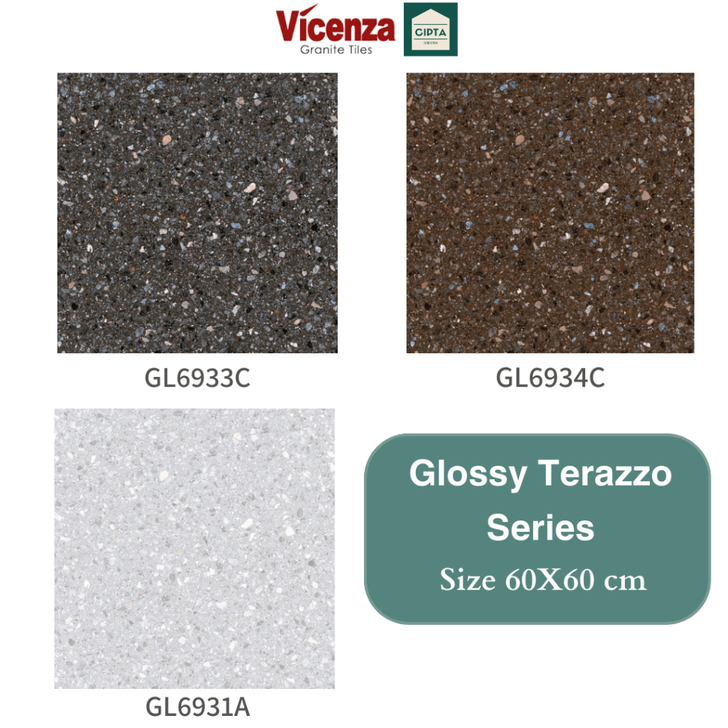 Granit/ Granite Tile Vicenza Motif Terazzo Teraso Glossy 60x60cm GL6931C GL6933C GL6934C Lantai/ Din