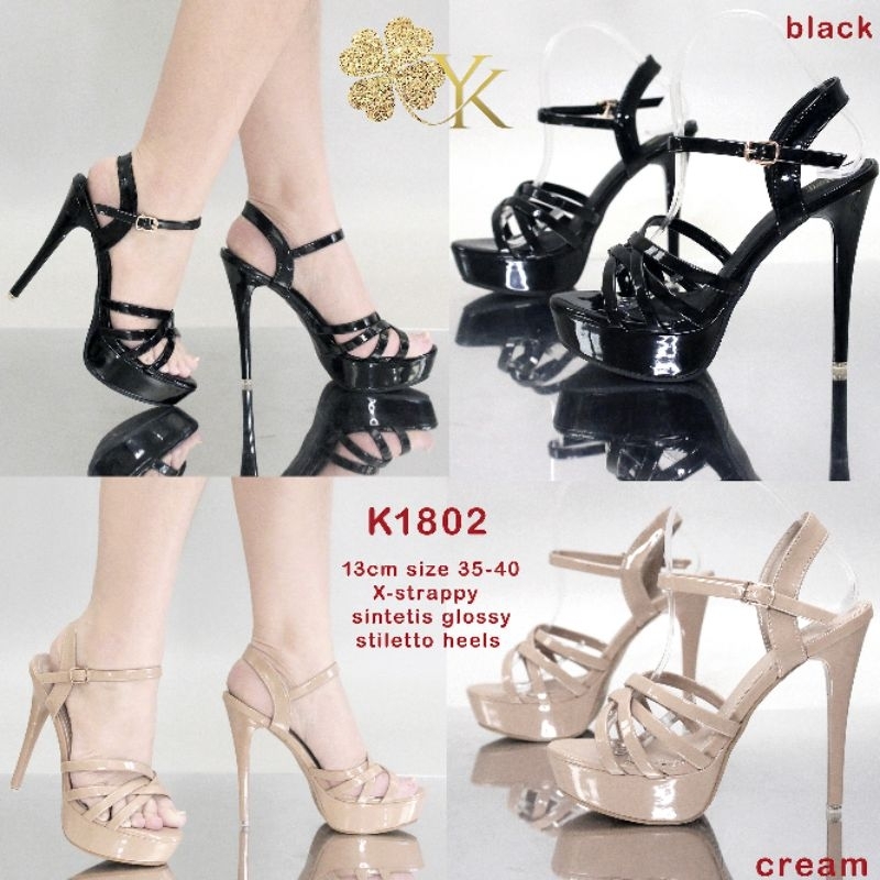 YKshoes 1802 heels 13cm Xstrappy stiletto heels black brown heels sepatu hak tali silang sintetis gl