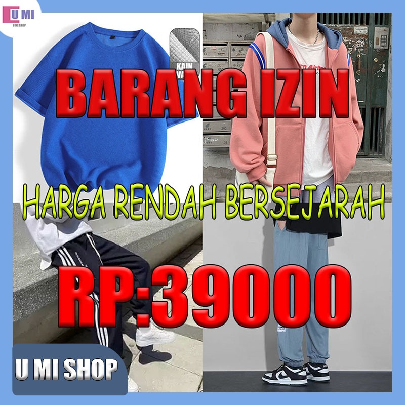 Celana hitam panjang pria karet Celana lurus pria Kain waffle Kaos leher bulat pria Celana kebesaran