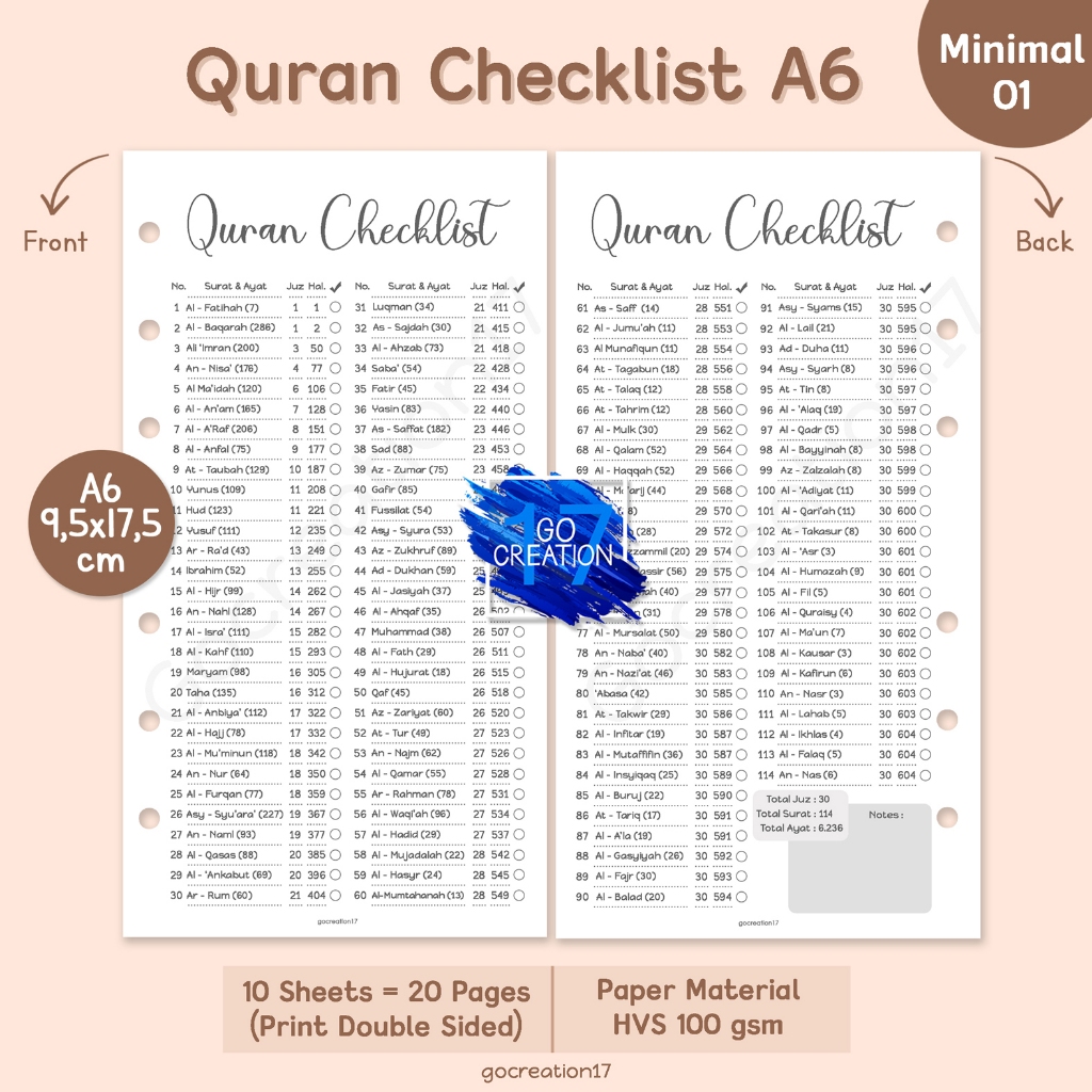 

Buku Planner Refill Kertas Isi Binder Quran Checklist Simple Minimalis A6