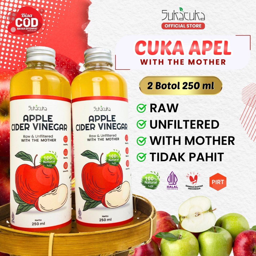 

Paket 2 Botol Cuka Apel Original With Mother 250 ml by SukaCuka (Apple Cider Vinegar)