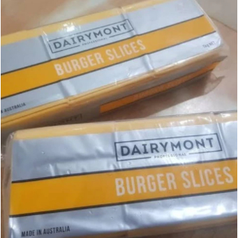 

Red & white Cheddar cheese/keju burger sliced 84 sliced Dairymont 1 kg