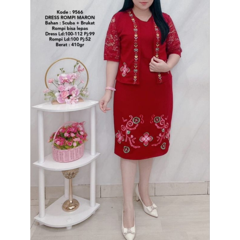 Dress rompi lepas bordir Scuba brokat seragam natal mewah cantik 9566 Mat : SCUBA & brukat Import