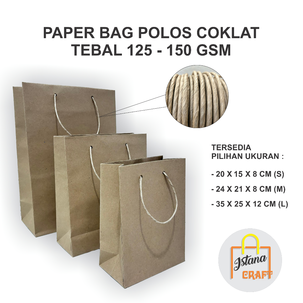 

Paper Bag Cokelat Polos Kertas Kraft Tebal 125 -150 gsm Tali Kertas Ukuran S, M, L
