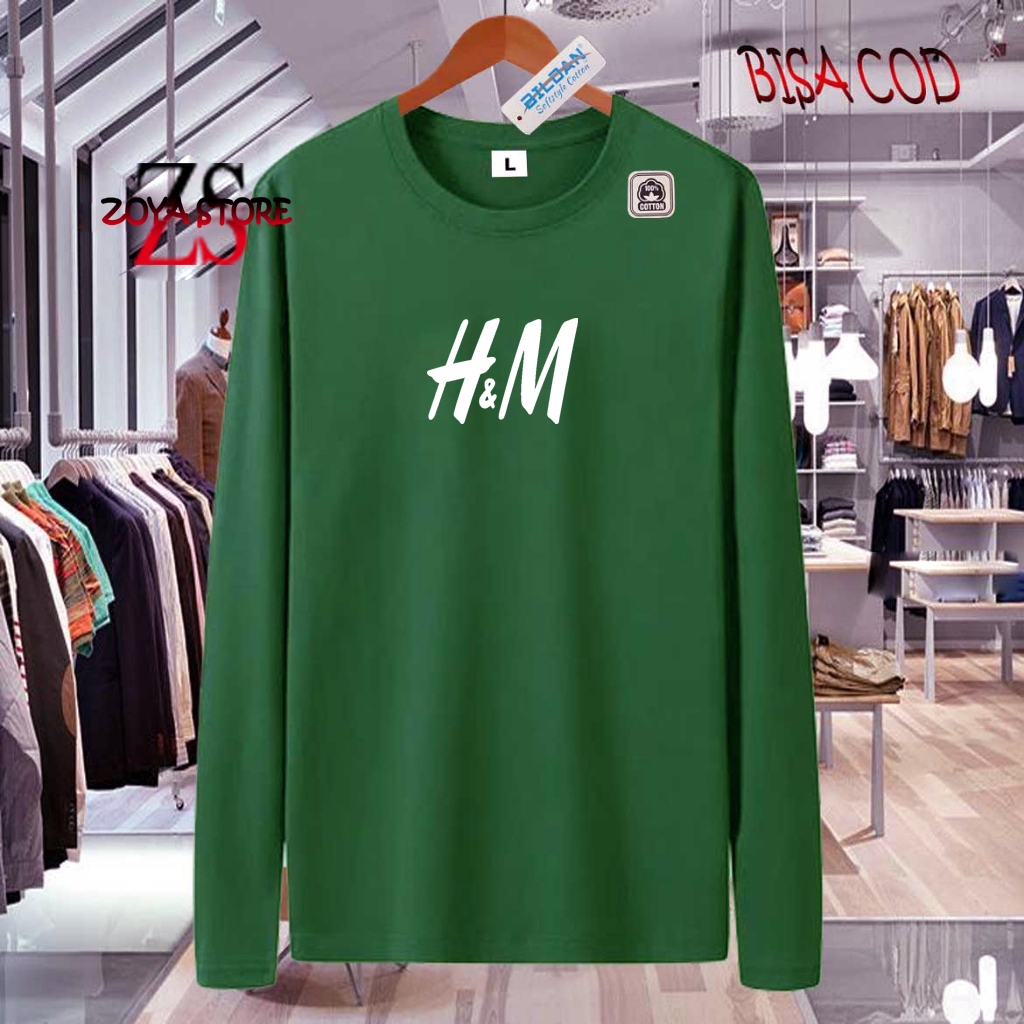 COD  Baju Kaos Distro H&M Text Putih Premium Quality Kaos Cotton Combed 30s Lengan Panjang T-Shrit K