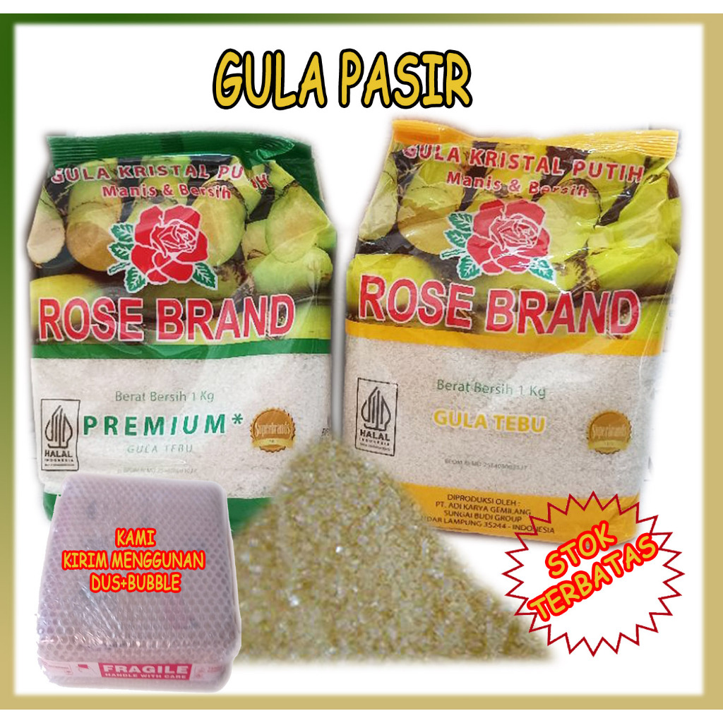 

Gula Pasir Gula Tebu Rose brand kemasan kuning dan hijau 1 kg