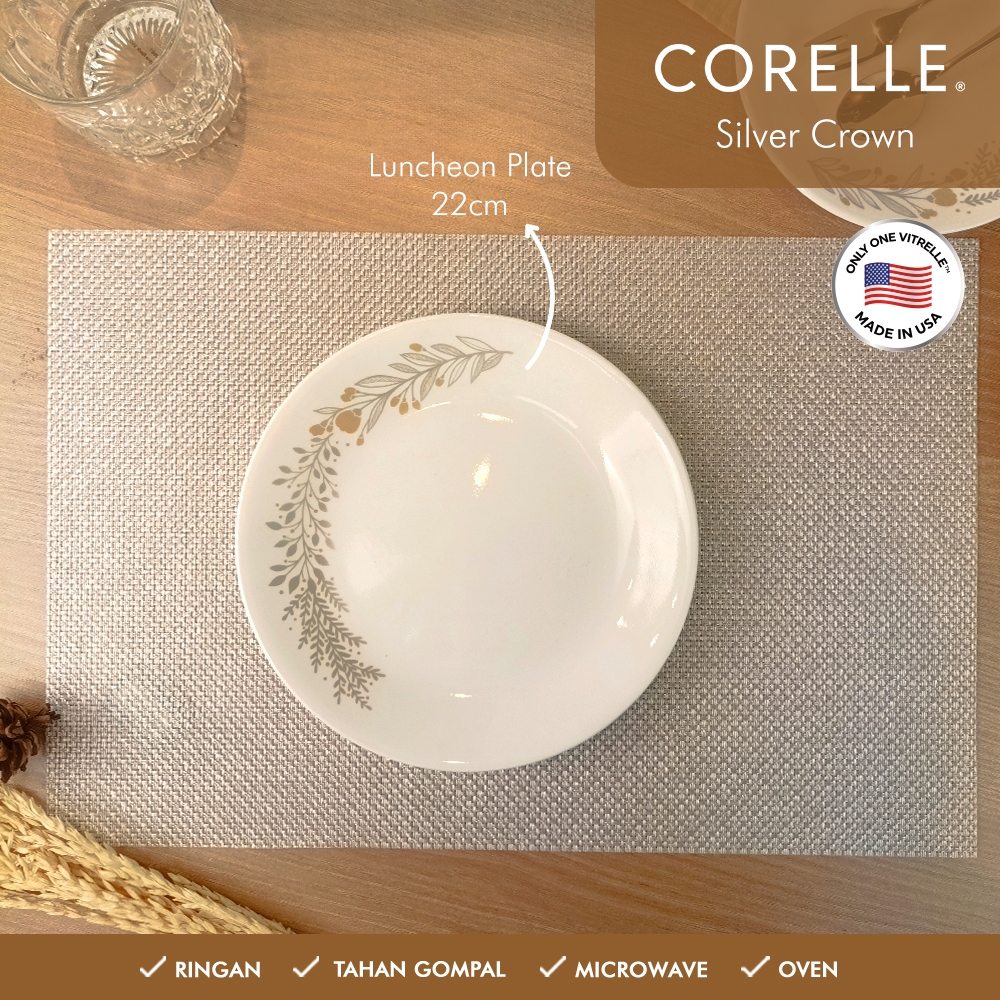 Corelle Silver Crown Luncheon Plate 22Cm Piring Makan Elegan Kaca Premium Ringan & Kuat Microwave