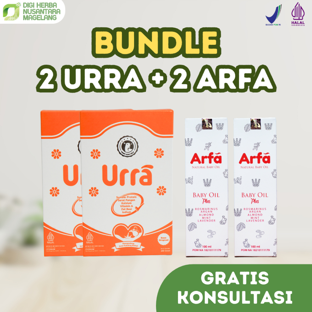 

PAKET BUNDLE Susu kambing urra 2 box + Arfa Baby oil 2 botol | paket lengkap untuk si kecil