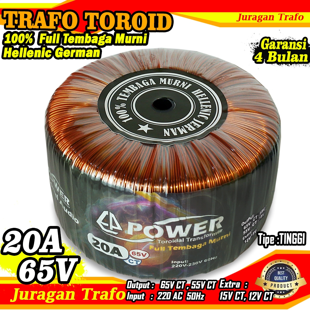 Trafo Toroid Powertoroidal 20A (MURNI) 65V CT 55V CT | Trafo Toroid 20A Murni Tipe TINGGI Full Temba