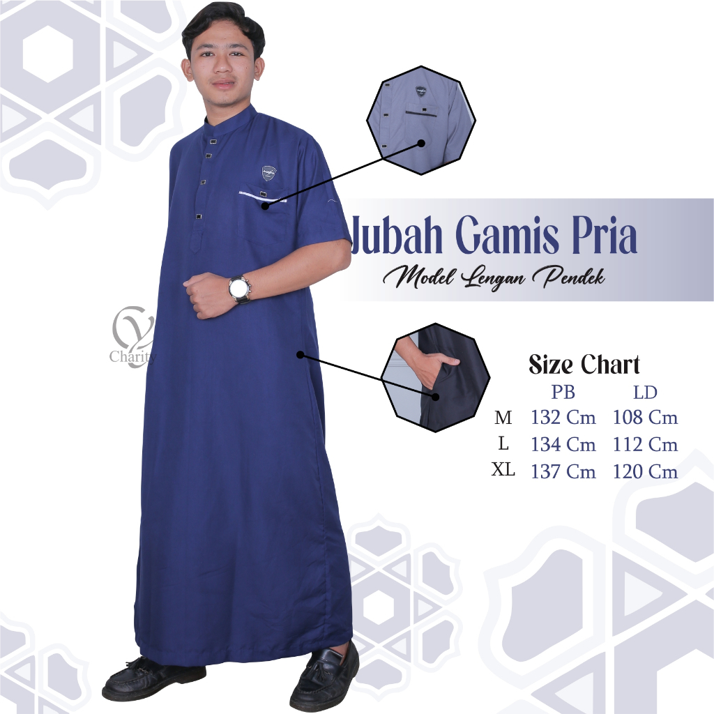 Gamis Pria Lengan Pendek Kancing Snap Klik - Jubah Pria Dubai Kekinian