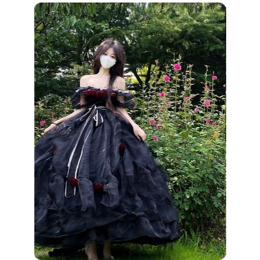 Vintage Clothes Evening Party Dresses Black Women Dress Flowers Black Wedding Dress