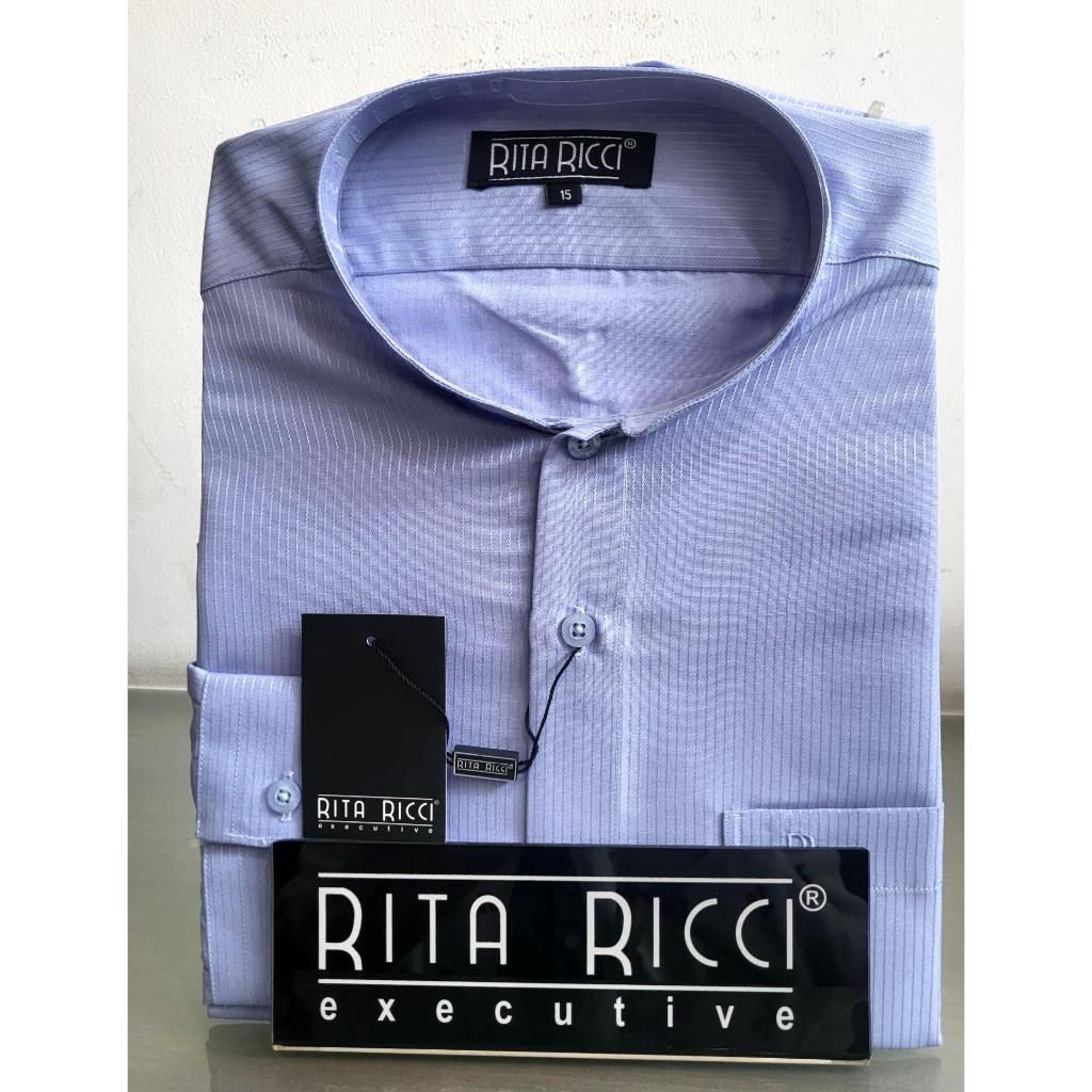 Kemeja Pria Rita Ricci Reguler kerah Koko motif Dolby garis warna biru muda lengan panjang dan pende