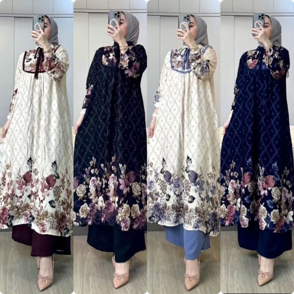 Oneset long tunik Jumbo  Model Shanum Setelan tunik panjang wanita rayon Setelan celana wanita Busui