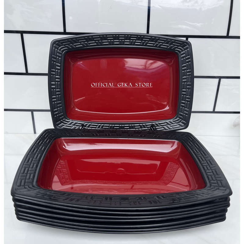 MURAH 6 PIRING SAJI RAMEN PERSEGI PANJANG KOMBINASI / 6 PCS PIRING SAJI HITAM MERAH PLASTIK TEBAL