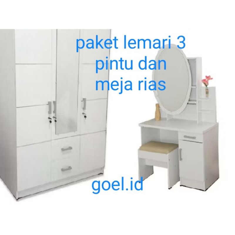 PAKET LEMARI 3 PINTU DAN MEJA RIAS PUTIH / LEMARI 3 PINTU DAN MEJARIAS/ PAKET HEMAT LEMARI MEJA RIAS