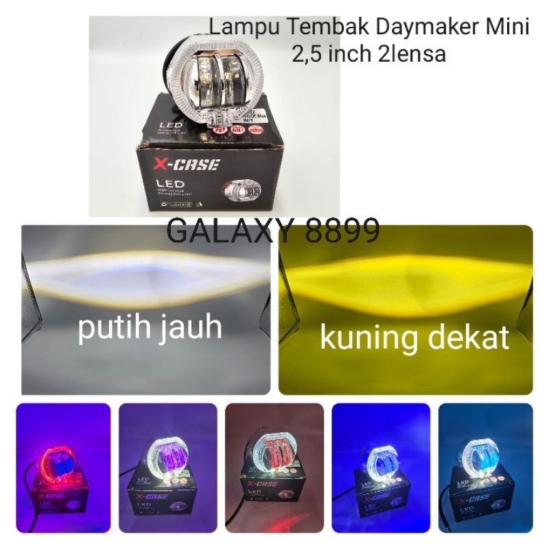 Lampu Tembak Daymaker Mini 2,5 Inch 2 Lensa Putih Kuning Ring Putih Senja Warna Universal Semua Moto