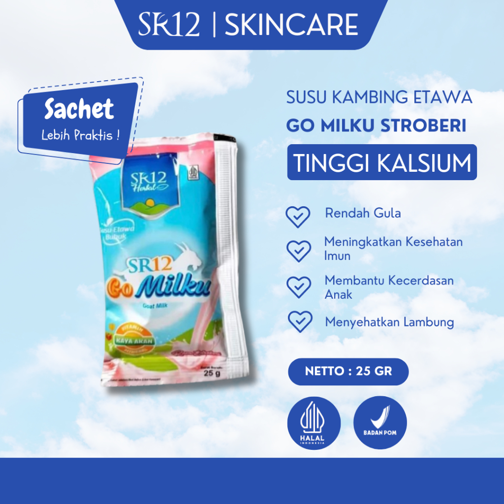 

Go Milku SR12 Sachet Strobery Kemasan Praktis Susu Kambing Etawa Tinggi Kalsium Rendah Gula Halal