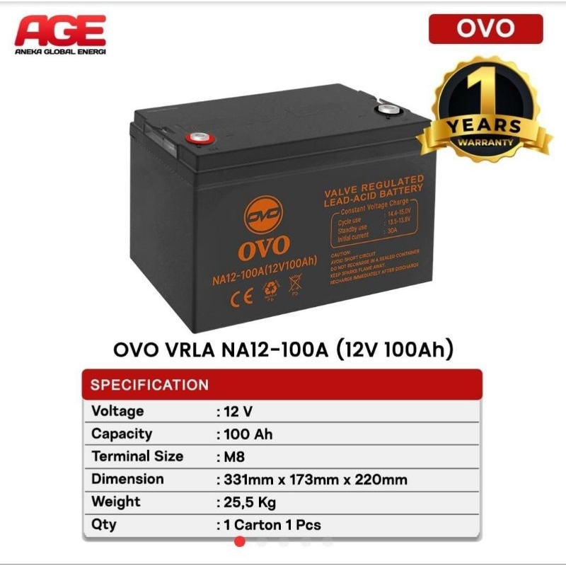 Battery VRLA 12v 100ah Ovo NA12-100ah
