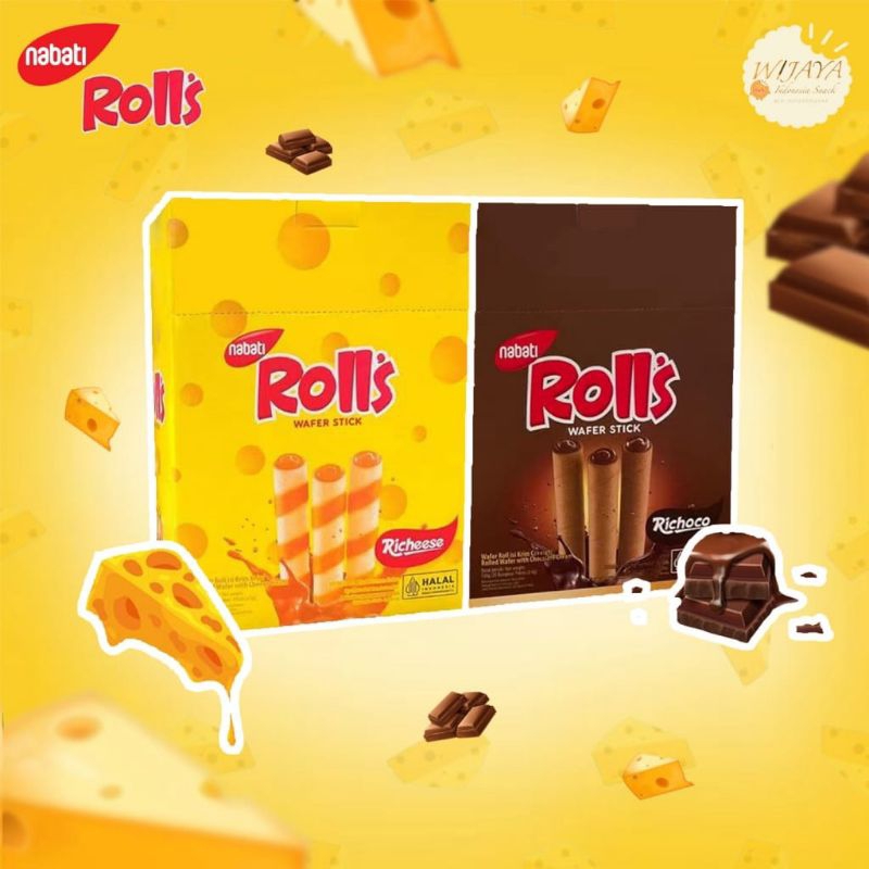 

RICHEESE NABATI ROLLS KEJU COKLAT 1 PAK BOX 20 PCS WAFER STICK CHEESE 500