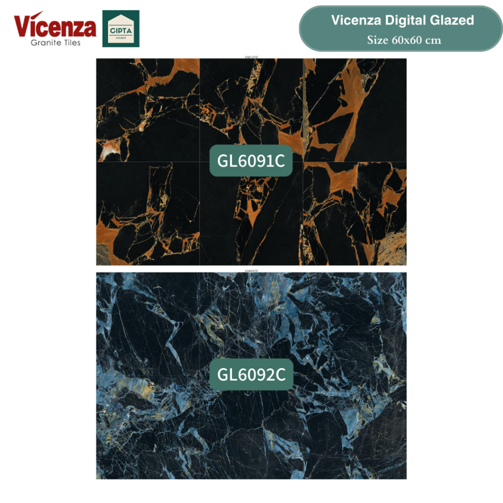 Granit/ Granite Tile Vicenza 60x60cm Digital Glazed Glossy Kilap Lantai/ Dinding Motif Gelap Hitam E