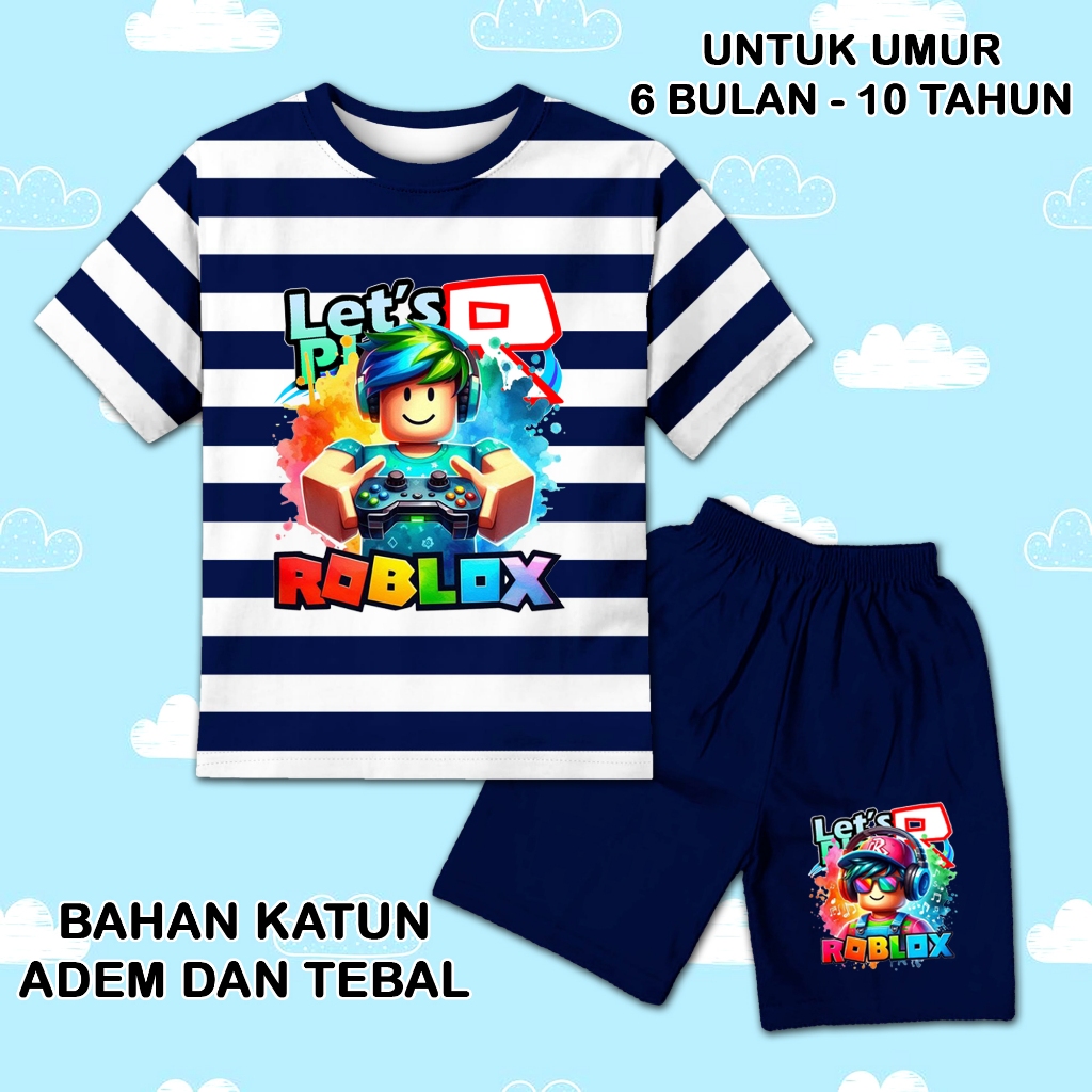 Setelan salur lengan pendek anak laki laki perempuan set baju kaos pendek anak roblox 2 katun dtf