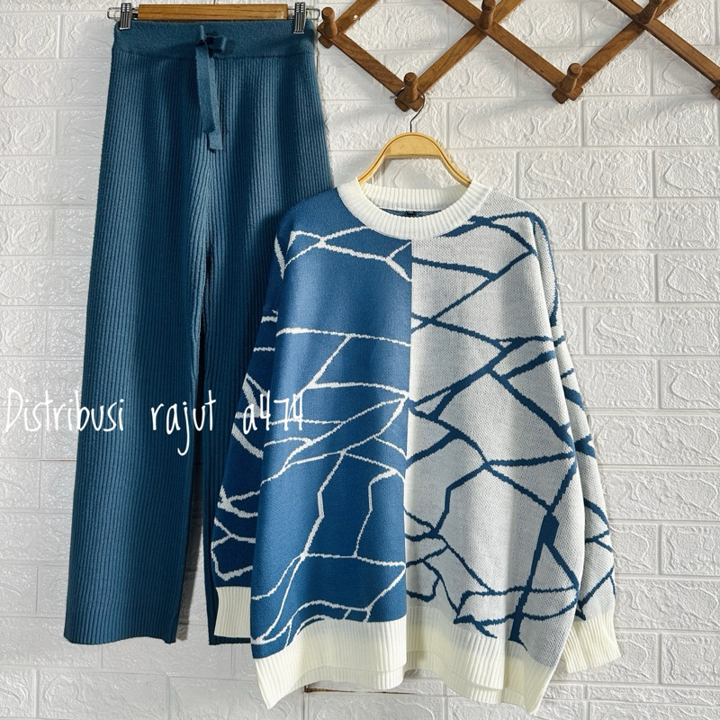 ONESET BAJU AMINAH RAJUT OVERSIZE  KALONG MOTIF SETELAN CELANA KULOT RAJUT KOREAN STAYLE