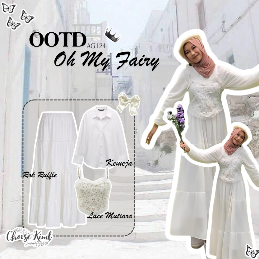 3in1 OOTD Korean Style Wanita Terbaru Outfit Set Wanita Korean Style Kemeja Putih Lace Mutiara Rok R