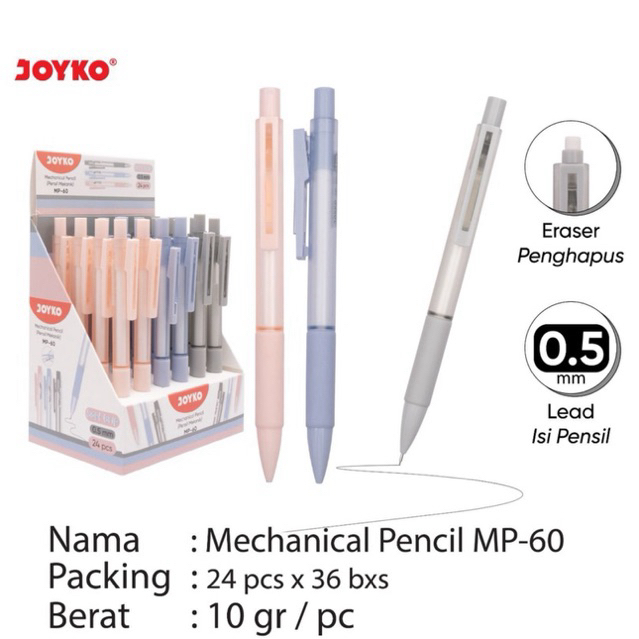 

( 1pcs ) MP60 Joyko Mechanical Pencil with Eraser / Pencil Mekanik MP-60 ketebalan 0.5mm dengan penghapus warna Pastel ( harga 1 pcs )